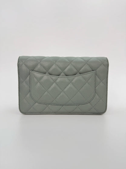 (AJ10) Chanel Grey Caviar Wallet on Chain, Champagne Gold Hardware