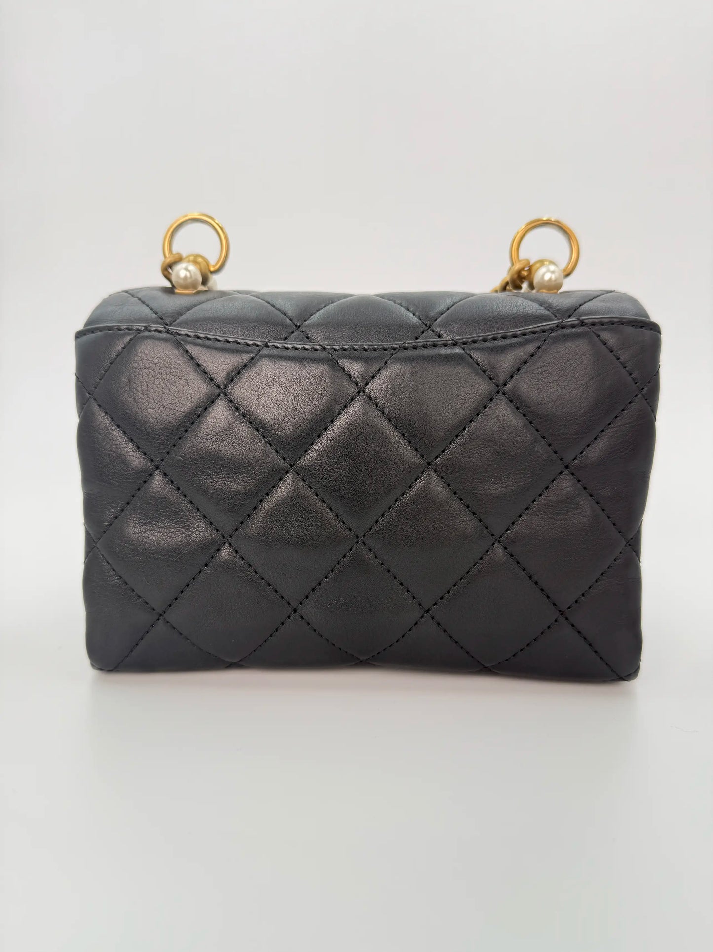 (AJ13) Chanel Black Quilted Calf Leather Pearl Accordion Small Flap Bag, Gold Hardware