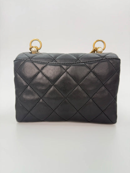 (AJ13) Chanel Black Quilted Calf Leather Pearl Accordion Small Flap Bag, Gold Hardware