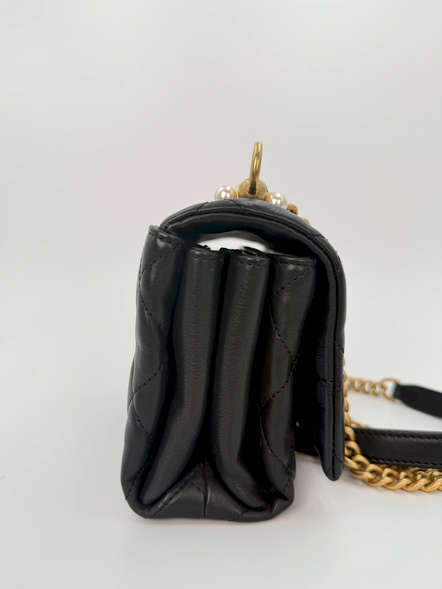 (AJ13) Chanel Black Quilted Calf Leather Pearl Accordion Small Flap Bag, Gold Hardware