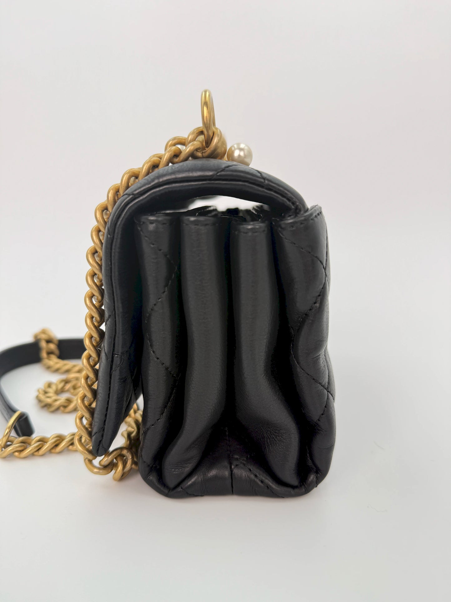 (AJ13) Chanel Black Quilted Calf Leather Pearl Accordion Small Flap Bag, Gold Hardware