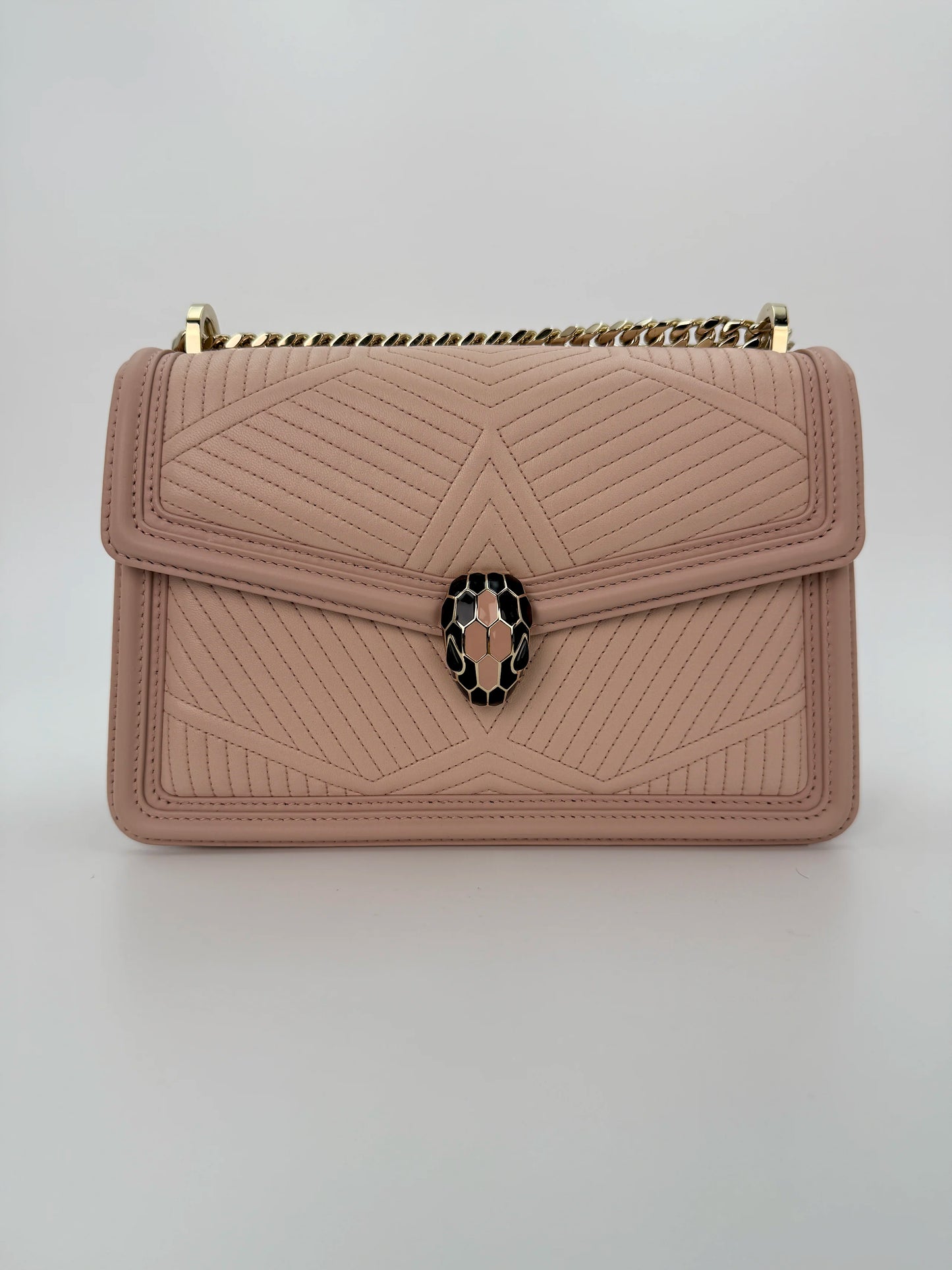 (AJ16) Bvlgari Pink Leather Serpenti Flap Bag, Champagne Gold Hardware