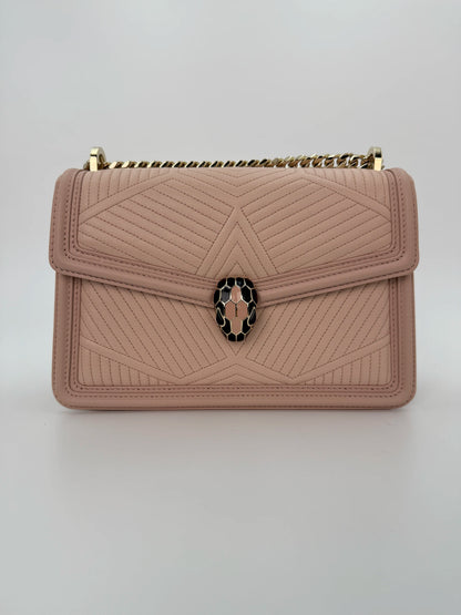 (AJ16) Bvlgari Pink Leather Serpenti Flap Bag, Champagne Gold Hardware