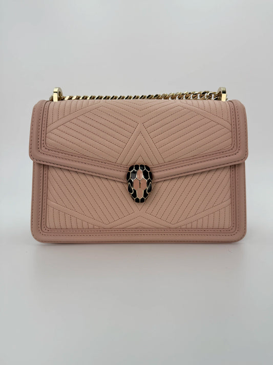 (AJ16) Bvlgari Pink Leather Serpenti Flap Bag, Champagne Gold Hardware