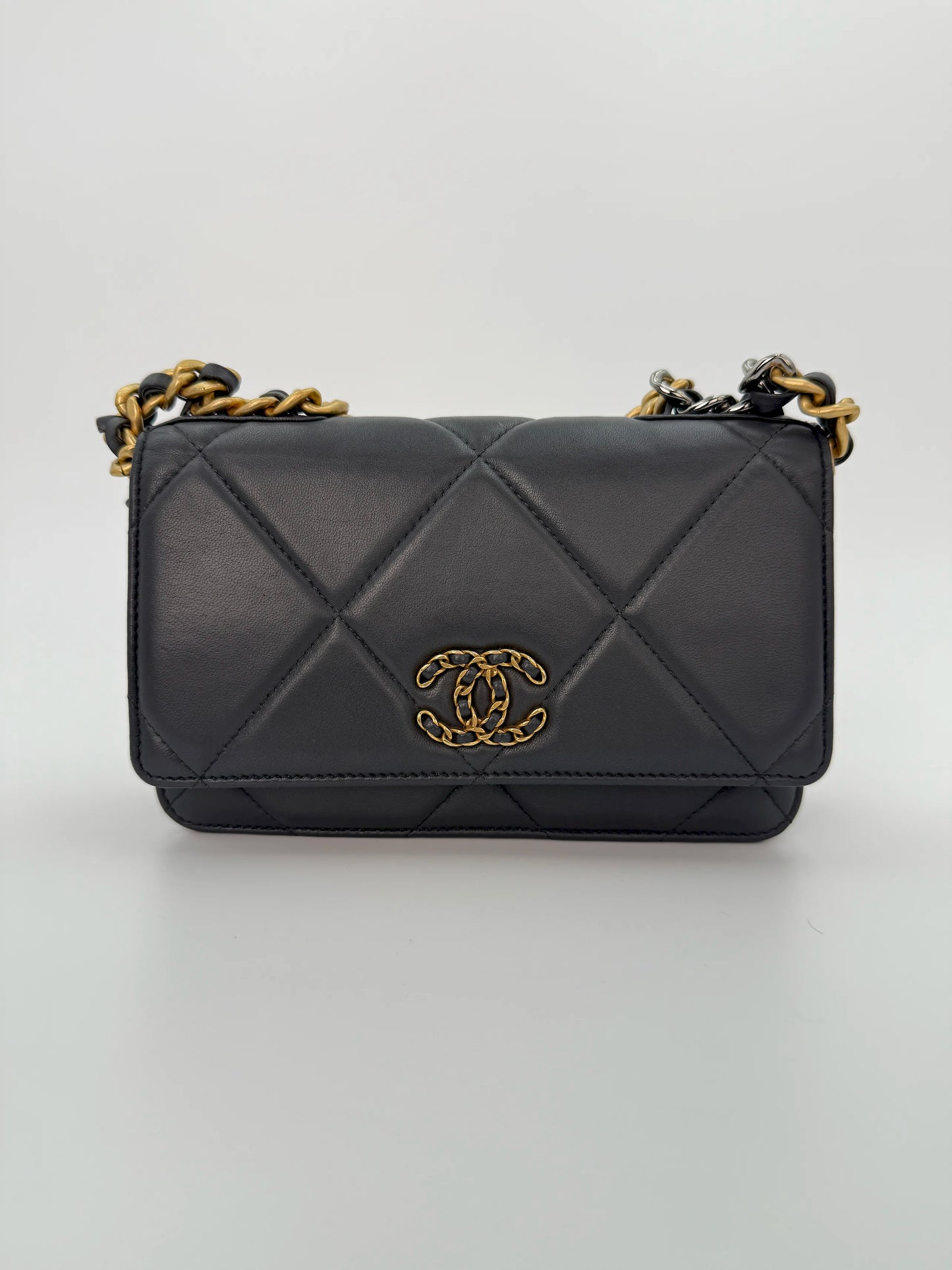 (AJ18) Chanel Grey Lambskin 19 Wallet on Chain, Gold/Silver/Ruthenium Hardware