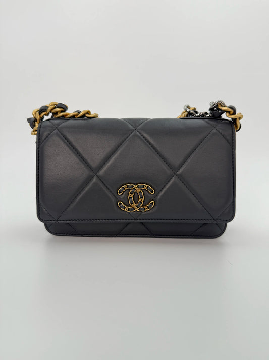 (AJ18) Chanel Grey Lambskin 19 Wallet on Chain, Gold/Silver/Ruthenium Hardware