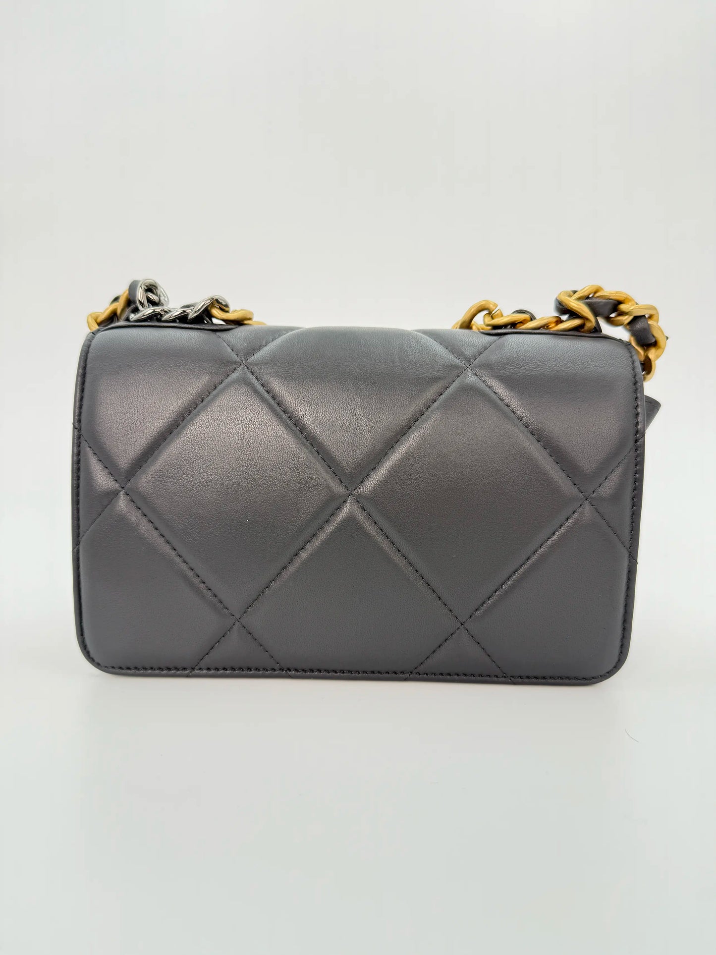 (AJ18) Chanel Grey Lambskin 19 Wallet on Chain, Gold/Silver/Ruthenium Hardware
