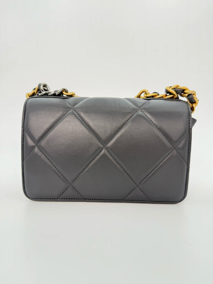 (AJ18) Chanel Grey Lambskin 19 Wallet on Chain, Gold/Silver/Ruthenium Hardware