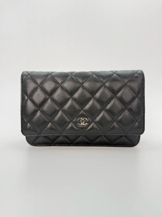 (AJ21) Chanel Navy Black Caviar Wallet on Chain, Silver Hardware