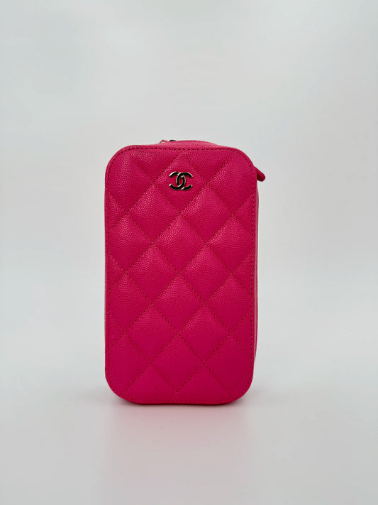 (AJ22) Chanel Pink Caviar Phone Pouch, Champagne Gold Hardware