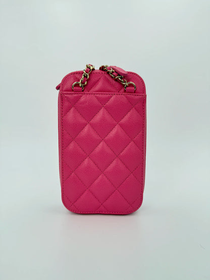 (AJ22) Chanel Pink Caviar Phone Pouch, Champagne Gold Hardware