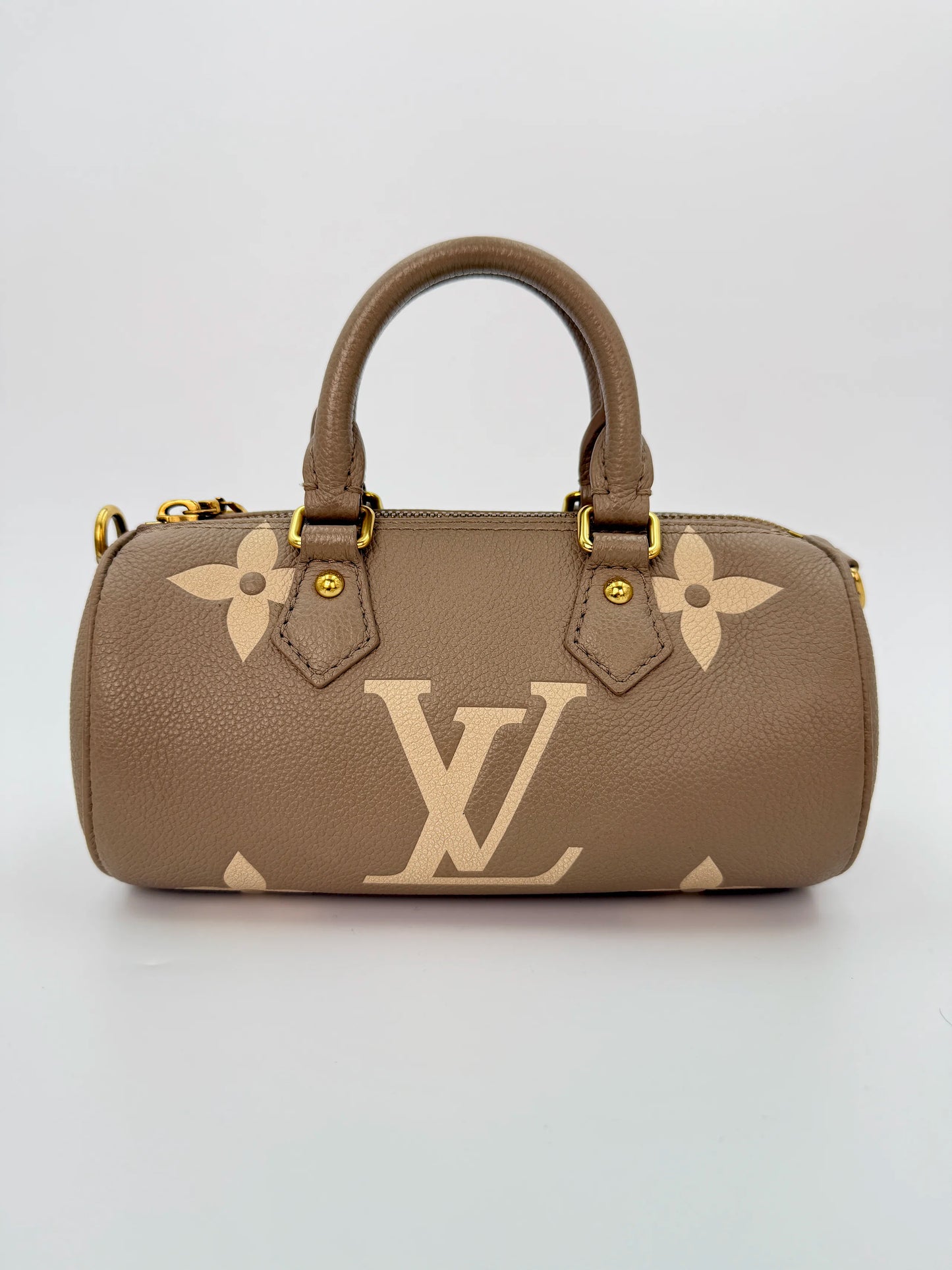 (AJ28) Louis Vuitton Beige Monogram Empreinte Papillon BB Crossbody Bag, Gold Hardware