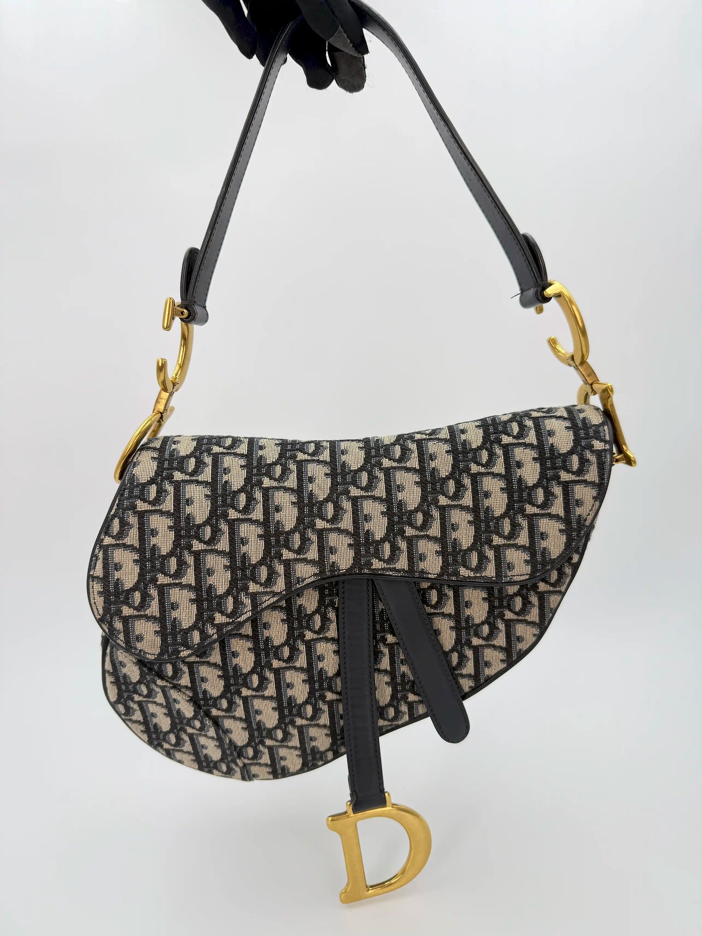 (AJ29) Dior Navy Oblique Medium Saddle Bag, Antique Gold Hardware