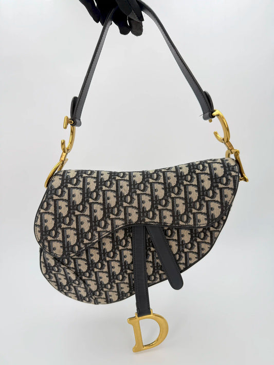 (AJ29) Dior Navy Oblique Medium Saddle Bag, Antique Gold Hardware