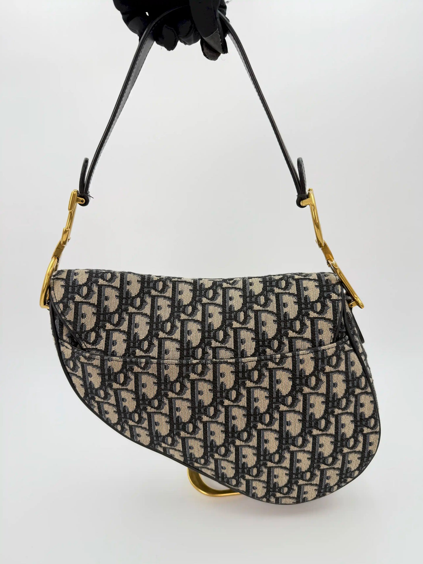 (AJ29) Dior Navy Oblique Medium Saddle Bag, Antique Gold Hardware