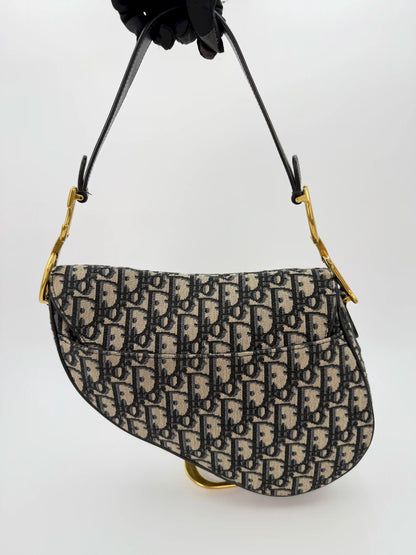 (AJ29) Dior Navy Oblique Medium Saddle Bag, Antique Gold Hardware