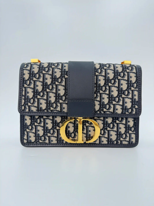 (AJ33) Dior 30 Montaigne Navy Oblique Sling Bag, Gold Hardware