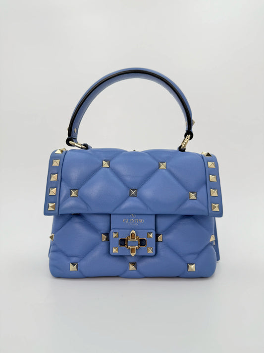 (AJ34) Valentino Blue Quilted Calf Leather Mini Candystud Top Handle Crossbody Bag, Silver Hardware