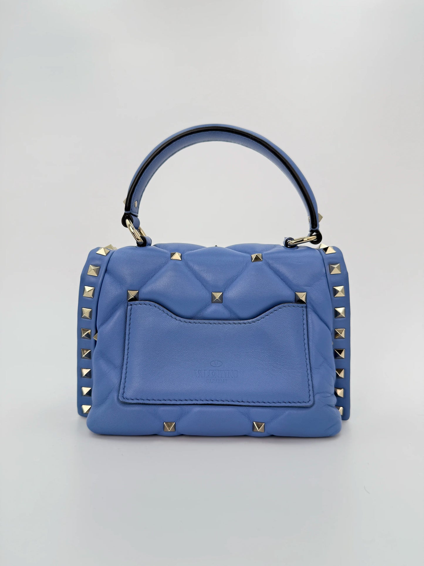 (AJ34) Valentino Blue Quilted Calf Leather Mini Candystud Top Handle Crossbody Bag, Silver Hardware