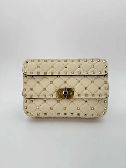 (AJ38) Valentino Spike Ivory Shoulder Bag, Champagne Gold Hardware