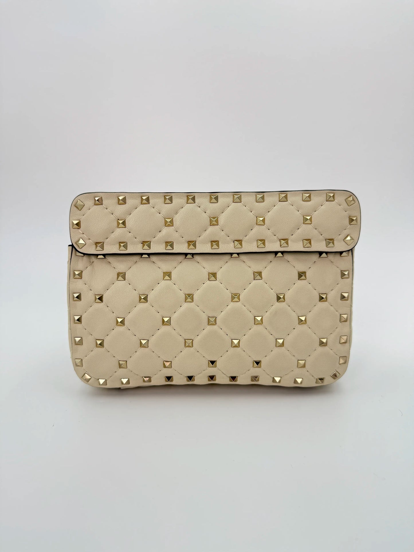(AJ38) Valentino Spike Ivory Shoulder Bag, Champagne Gold Hardware