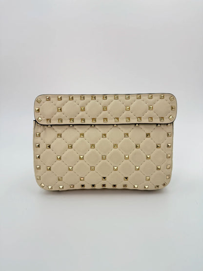 (AJ38) Valentino Spike Ivory Shoulder Bag, Champagne Gold Hardware