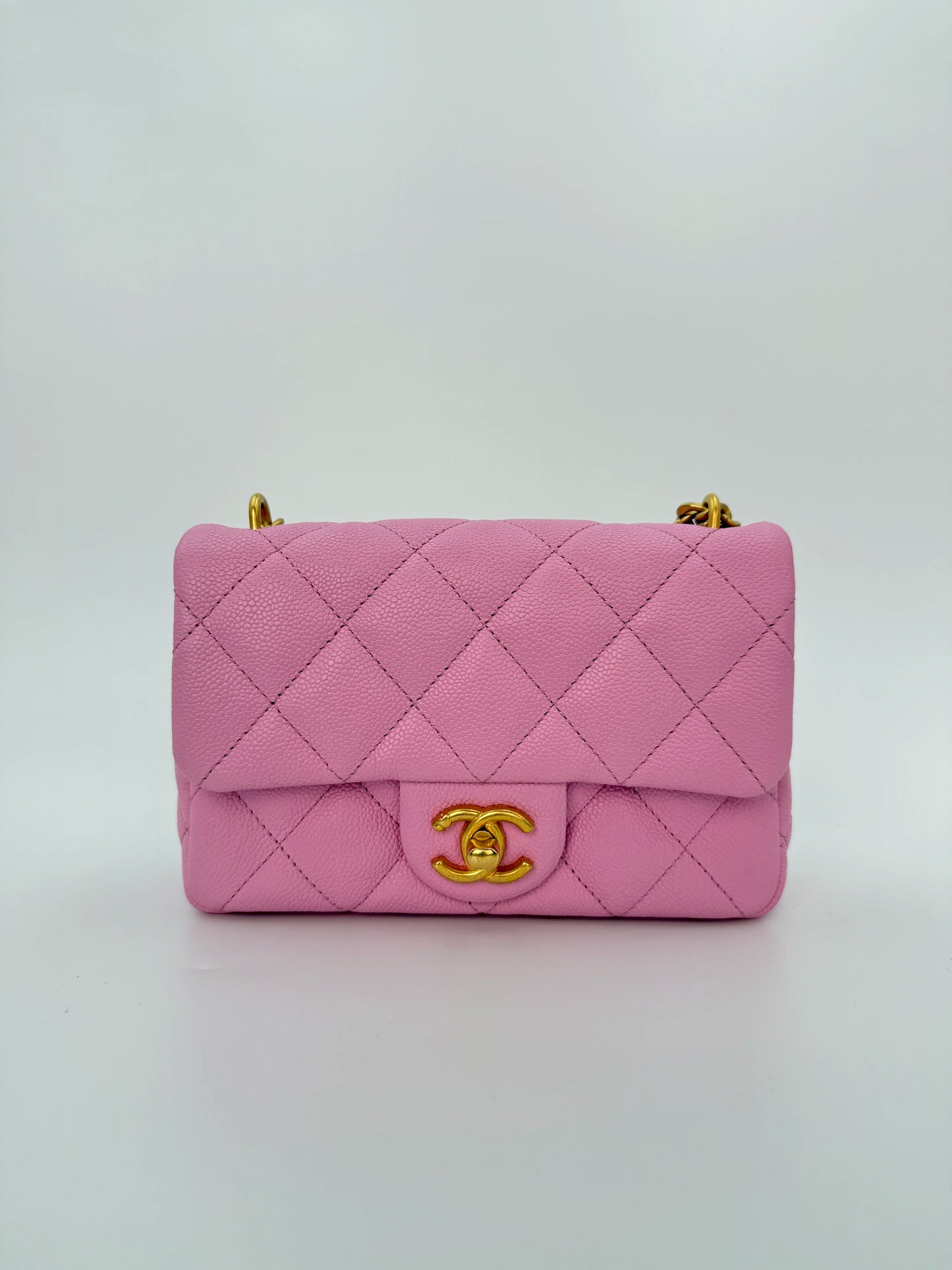 (AJ39) Chanel 23P Pink Caviar Sweetheart Crush Square Flap Bag, Antique Gold Hardware