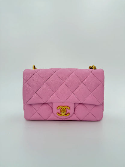 (AJ39) Chanel 23P Pink Caviar Sweetheart Crush Square Flap Bag, Antique Gold Hardware