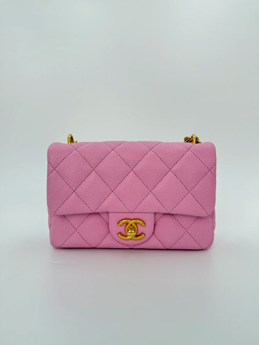 (AJ39) Chanel 23P Pink Caviar Sweetheart Crush Square Flap Bag, Antique Gold Hardware