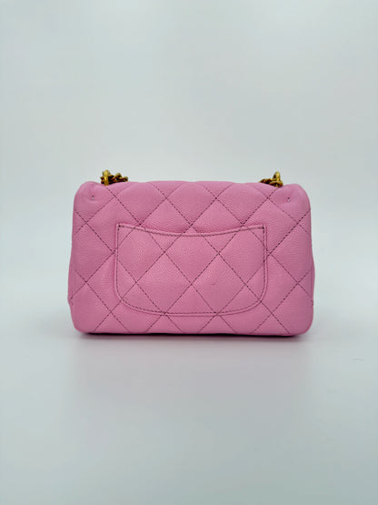 (AJ39) Chanel 23P Pink Caviar Sweetheart Crush Square Flap Bag, Antique Gold Hardware