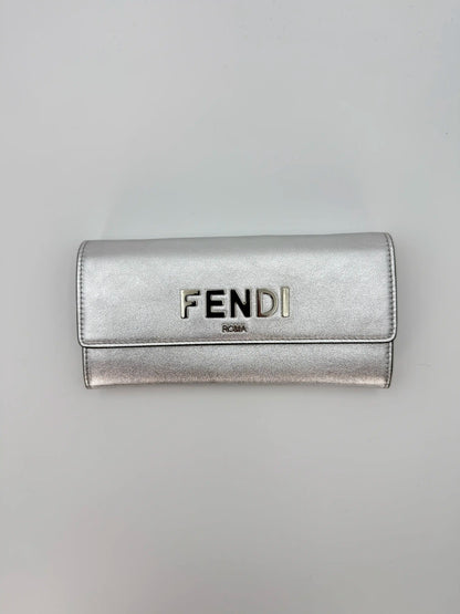 (AJ41) Fendi Silver Calf Leather Wallet on Chain, Silver Hardware
