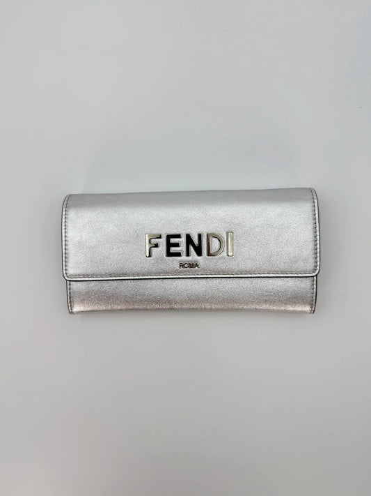 (AJ41) Fendi Silver Calf Leather Wallet on Chain, Silver Hardware
