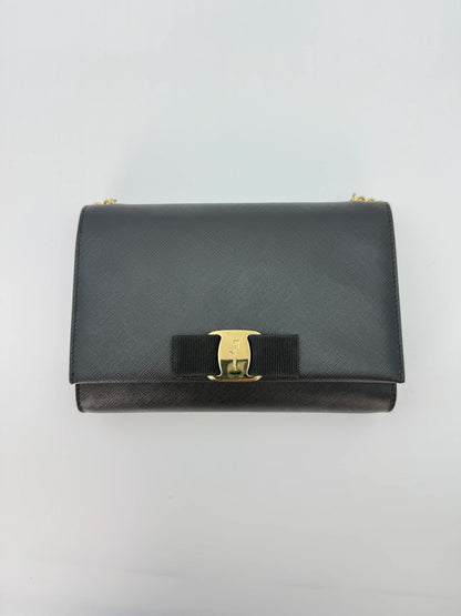 (AJ42) Ferragamo Black Calf Leather Vara Bow Mini Bag, Gold Hardware