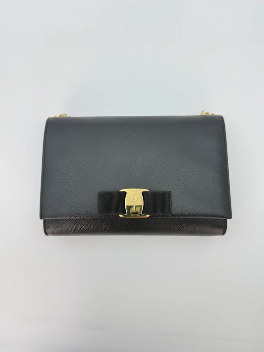 (AJ42) Ferragamo Black Calf Leather Vara Bow Mini Bag, Gold Hardware