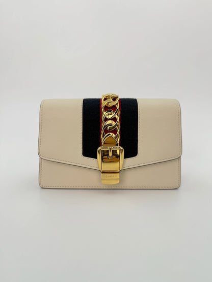 (AJ44) Gucci Ivory Calf Leather Super Mini Sylvie Chain Shoulder Bag, Gold Hardware