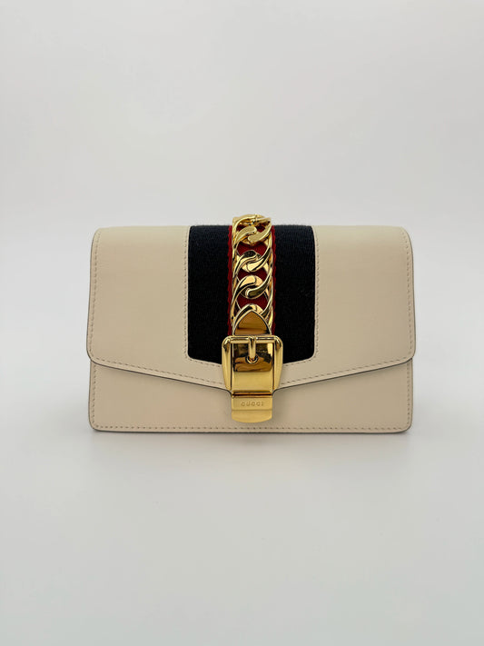 (AJ44) Gucci Ivory Calf Leather Super Mini Sylvie Chain Shoulder Bag, Gold Hardware