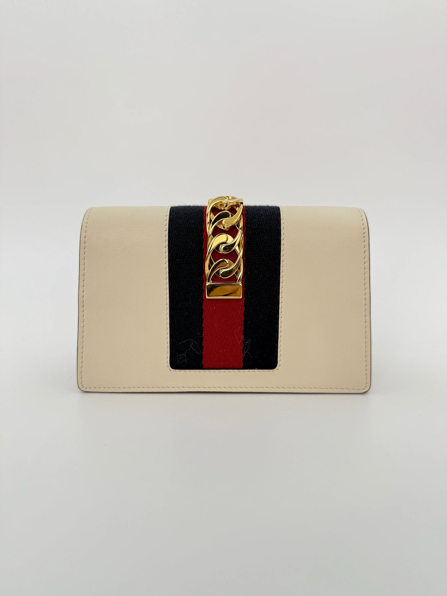(AJ44) Gucci Ivory Calf Leather Super Mini Sylvie Chain Shoulder Bag, Gold Hardware