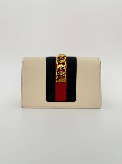 (AJ44) Gucci Ivory Calf Leather Super Mini Sylvie Chain Shoulder Bag, Gold Hardware