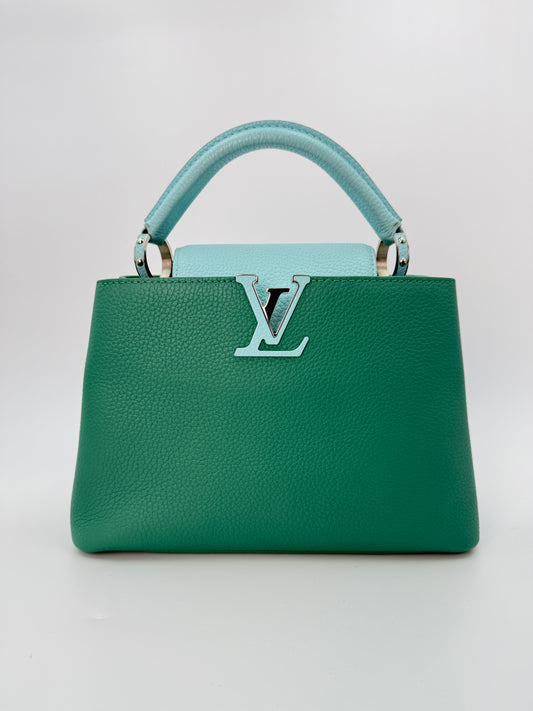 (AJ52) Louis Vuitton Green/Blue Calf Leather Taurillon Medium Capucines, Silver Hardware