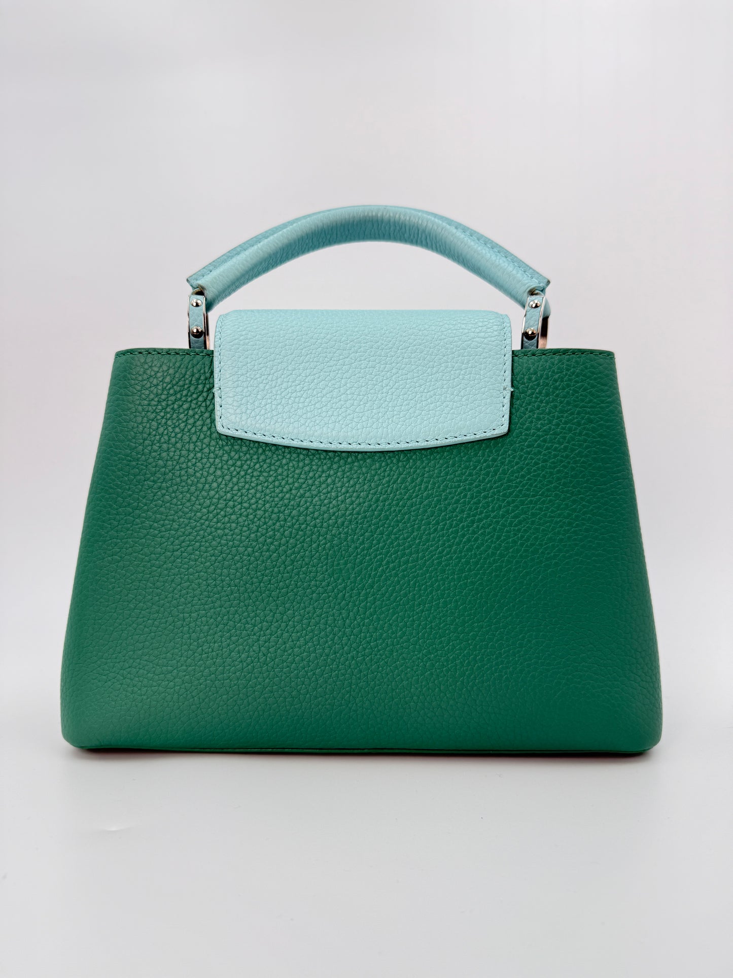 (AJ52) Louis Vuitton Green/Blue Calf Leather Taurillon Medium Capucines, Silver Hardware