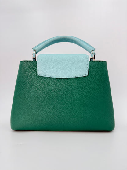 (AJ52) Louis Vuitton Green/Blue Calf Leather Taurillon Medium Capucines, Silver Hardware