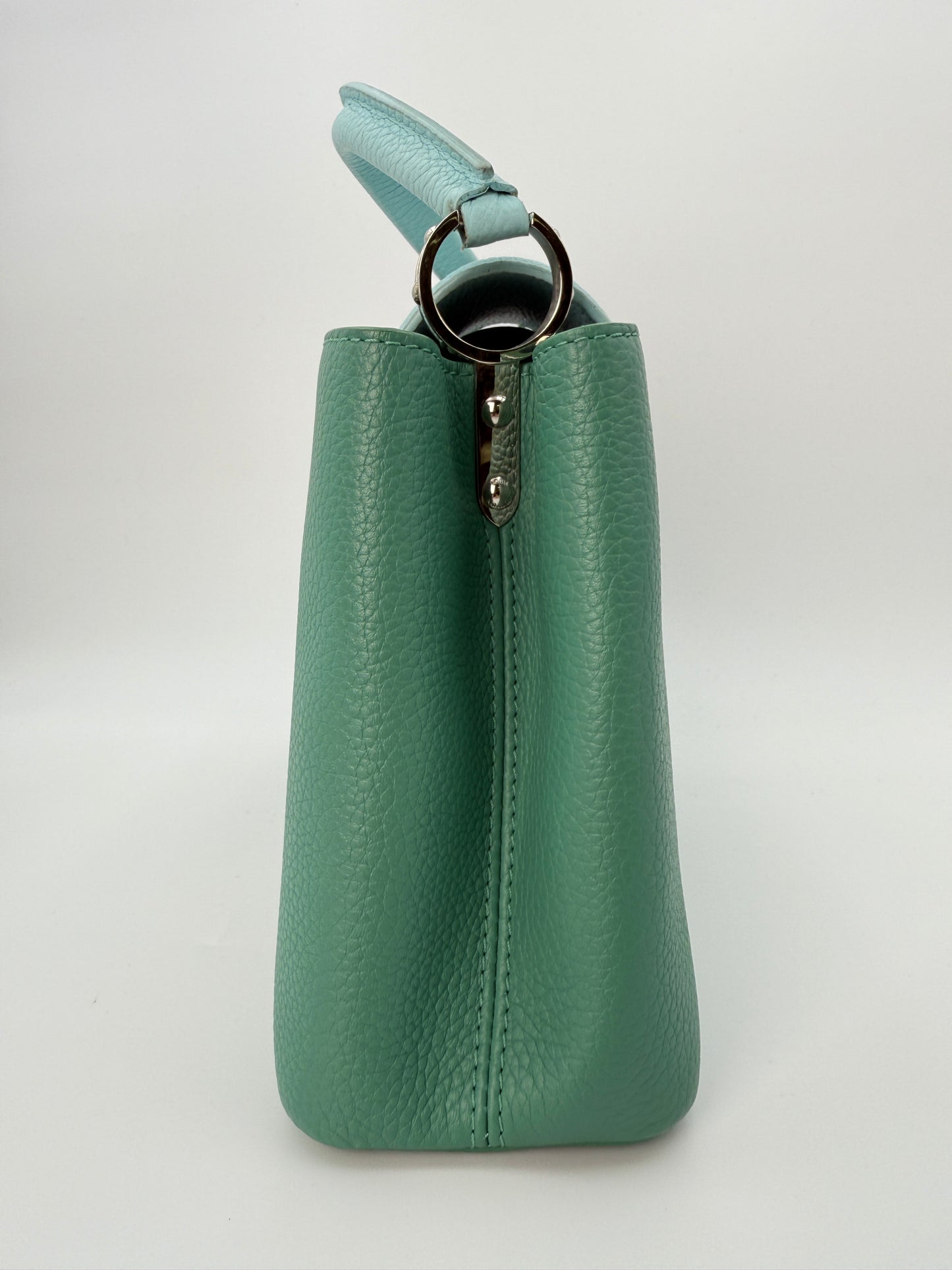 (AJ52) Louis Vuitton Green/Blue Calf Leather Taurillon Medium Capucines, Silver Hardware