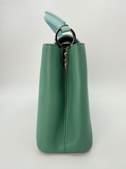 (AJ52) Louis Vuitton Green/Blue Calf Leather Taurillon Medium Capucines, Silver Hardware