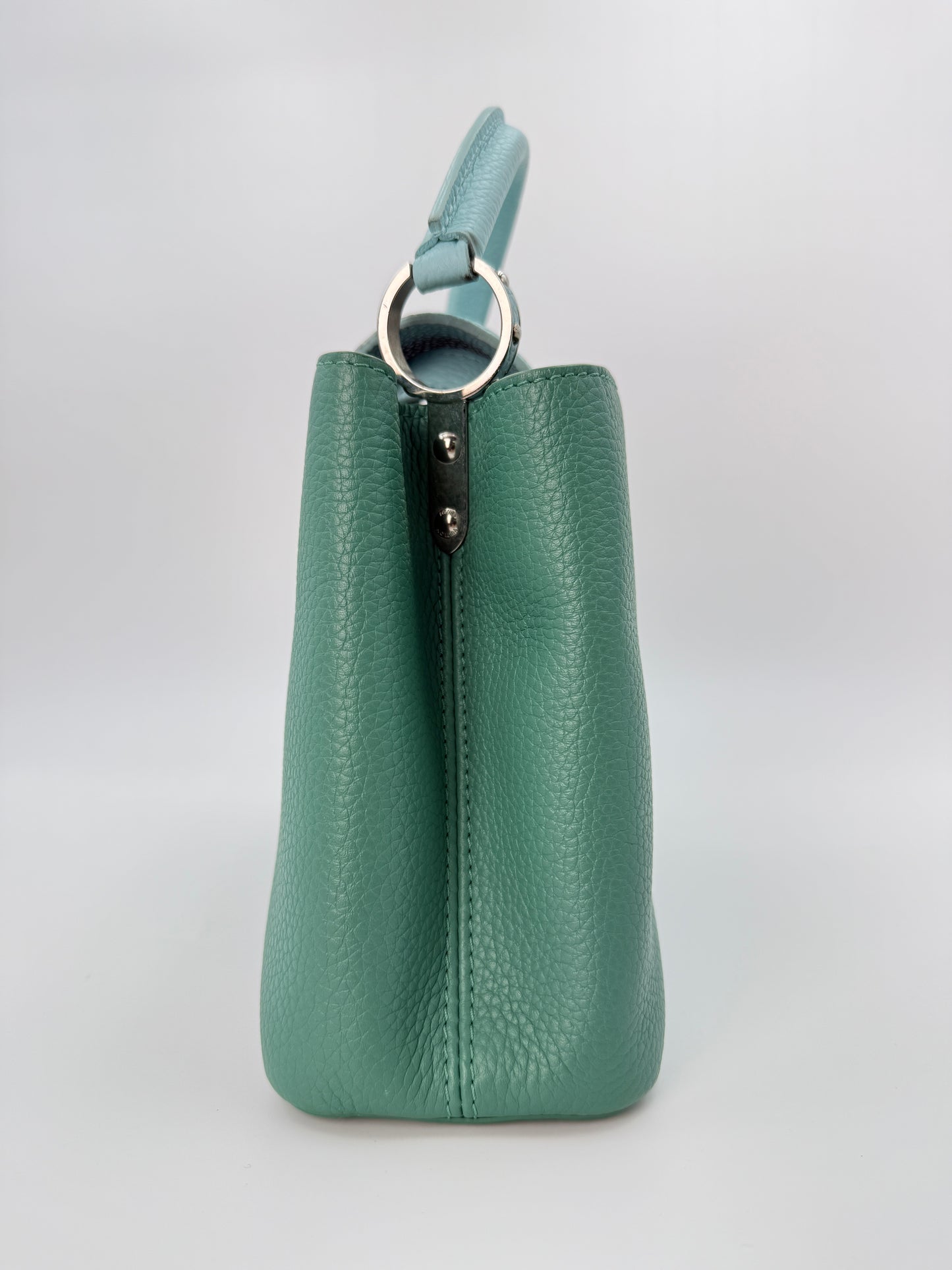 (AJ52) Louis Vuitton Green/Blue Calf Leather Taurillon Medium Capucines, Silver Hardware