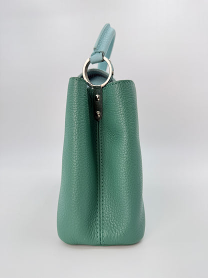 (AJ52) Louis Vuitton Green/Blue Calf Leather Taurillon Medium Capucines, Silver Hardware