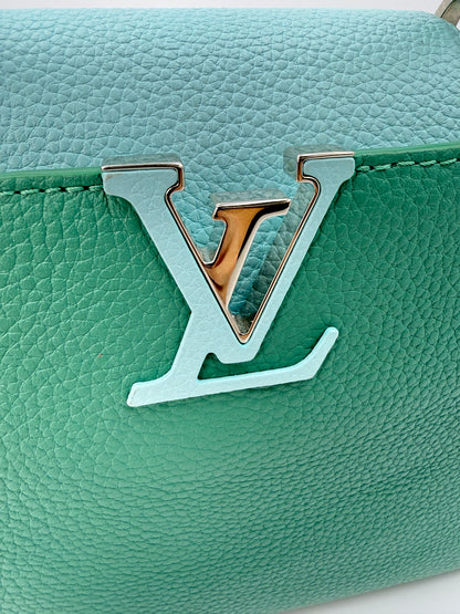 (AJ52) Louis Vuitton Green/Blue Calf Leather Taurillon Medium Capucines, Silver Hardware