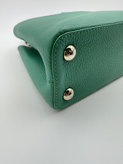 (AJ52) Louis Vuitton Green/Blue Calf Leather Taurillon Medium Capucines, Silver Hardware