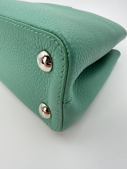 (AJ52) Louis Vuitton Green/Blue Calf Leather Taurillon Medium Capucines, Silver Hardware