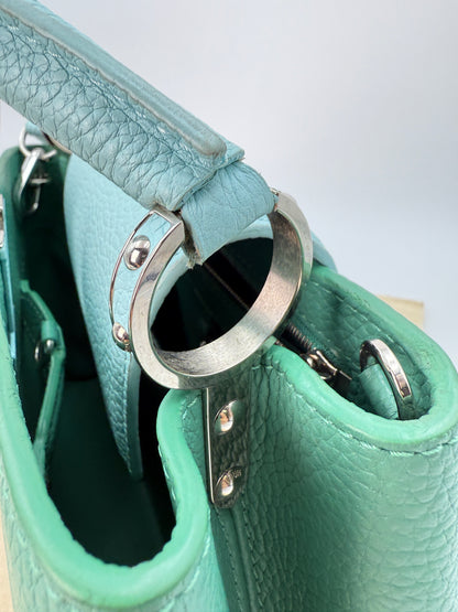 (AJ52) Louis Vuitton Green/Blue Calf Leather Taurillon Medium Capucines, Silver Hardware