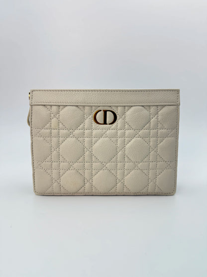 (AJ58) Christian Dior Ivory Calf Leather Caro Pouch Crossbody, Gold Hardware